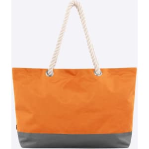 An orange tote bag with a grey bottom and rope handles, featuring eyelets for the handles.