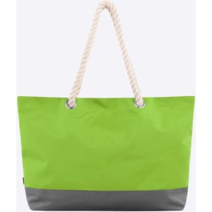 A green tote bag with a grey base and rope handles, featuring a logo on one side.