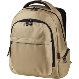 A beige laptop backpack with black accents, featuring multiple compartments and zip closures. It has a logo on the front.