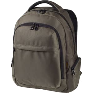 A grey laptop backpack featuring multiple compartments and zippers, with a logo on the surface.