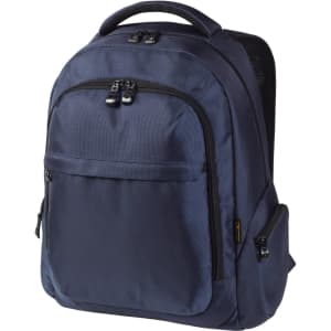 A navy blue laptop backpack featuring multiple zippered compartments and a textured back panel.