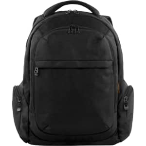 A black laptop backpack featuring multiple zippered compartments and side pockets, with a branding logo present.