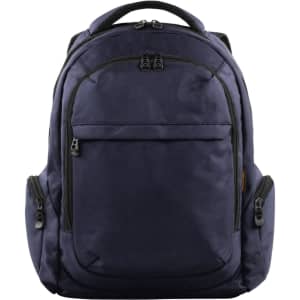 A navy backpack featuring multiple zippered compartments and a logo on the front. Ideal for carrying laptops and essentials.