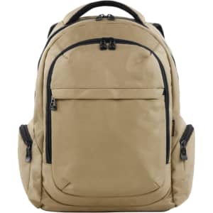 A tan laptop backpack with multiple zippered pockets and black accent zippers, featuring a logo on the front.