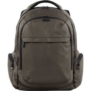 A grey laptop backpack featuring a main compartment, front pocket, and side zippered pockets. Contains a logo.