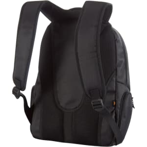 A black backpack with padded straps and a mesh back, featuring side pockets and a sleek design.