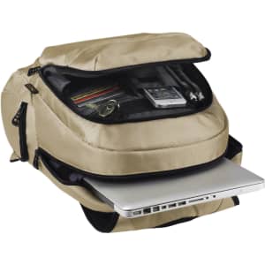 A beige laptop backpack with multiple compartments, including space for a laptop and various accessories.