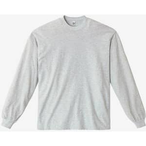 A light grey long sleeve crewneck tee featuring a simple design and elastic cuffs. It has a logo on the label.