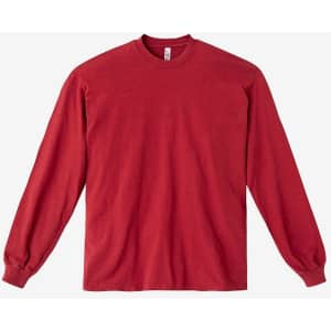 A red long sleeve crewneck tee with a casual fit and fitted cuffs, featuring a logo on the label.