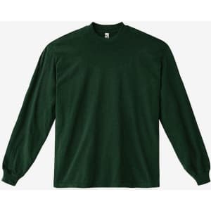 A long sleeve crewneck tee in dark green, featuring a relaxed fit and a branding logo.