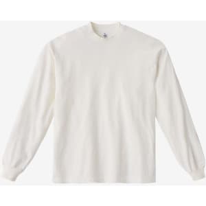 A long sleeve crewneck tee in off-white with a branded label on the neckline.