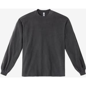 A long sleeve crewneck tee in a dark grey hue with a ribbed neckline and cuffs, featuring a logo.