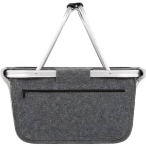 A grey felt shopper bag with a metal handle and a zippered pocket at the front.