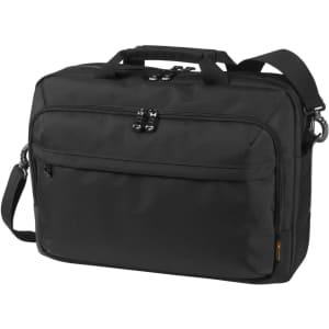 A black laptop bag with a detachable shoulder strap and multiple compartments, featuring a logo on the front.