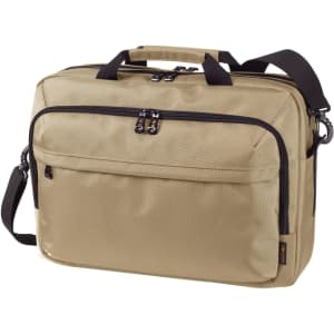 A beige laptop bag featuring multiple zipped compartments and an adjustable shoulder strap. It has a logo on the front.