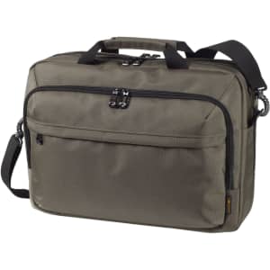 A laptop bag in olive green featuring two zippered compartments and a detachable shoulder strap. It has a logo on it.