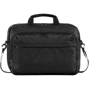 A black laptop bag featuring handles, a shoulder strap, and a front zip pocket. It includes a logo.