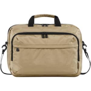 A beige laptop bag features dual handles, a shoulder strap, and multiple zippered compartments. It includes a logo.