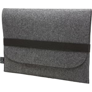 A grey felt laptop sleeve with a black elastic strap and a flap closure, featuring branding.