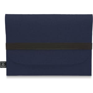 A navy blue laptop sleeve with a black strap, featuring a logo on one side.