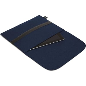 A navy laptop sleeve with a sleek design and a black strap, featuring an interior compartment for a device.