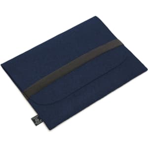 A navy laptop sleeve with a grey band, featuring a logo tag. Suitable for modern devices.
