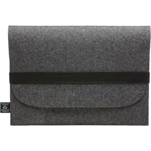 A grey felt laptop sleeve with a black strap and logo, designed for protection and style.