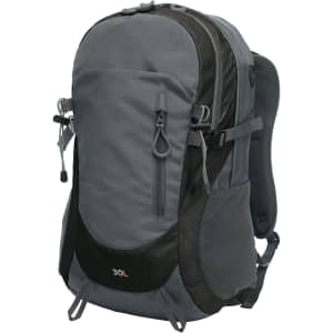 A grey and black Trail Backpack featuring multiple compartments and a logo. It has padded shoulder straps for comfort.