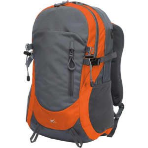A grey and orange backpack featuring multiple compartments, zippers, and a padded back for comfort.