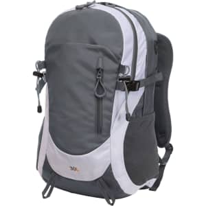 A grey backpack with white accents, featuring zippers, adjustable straps, and a padded back panel. It has a logo.