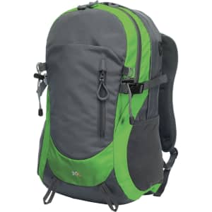 A grey and green backpack with multiple compartments and a logo, designed for outdoor use.
