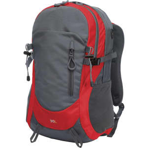 A grey and red backpack with multiple compartments and a logo on the side, designed for outdoor use.