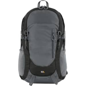 A grey Trail Backpack with black accents, featuring multiple compartments and a logo on the front.