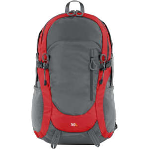 A grey and red backpack with multiple compartments and a logo at the front. Features adjustable straps.