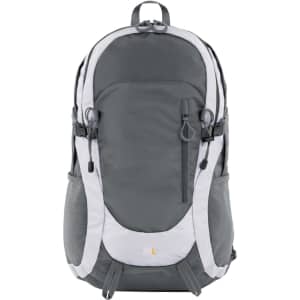 A grey backpack with light grey accents, featuring multiple zippers and pockets, and a logo on the front.