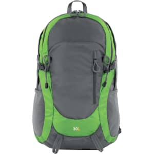 A grey and green backpack with multiple compartments and zippers, featuring a logo on the front. Size is 30L.