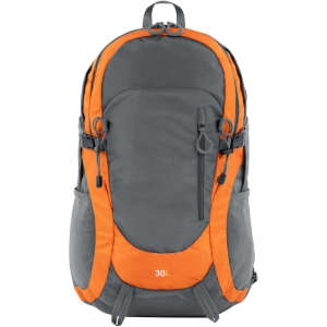 A grey backpack with orange accents, featuring zippers and a logo on the front.