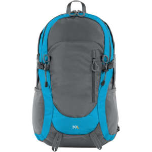 A grey backpack with blue accents, featuring multiple compartments and a logo. It has a capacity of 30 litres.