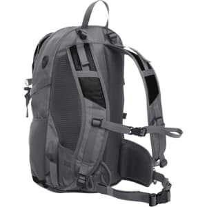 A grey backpack with padded straps and breathable mesh on the back, featuring an adjustable strap system and logo.