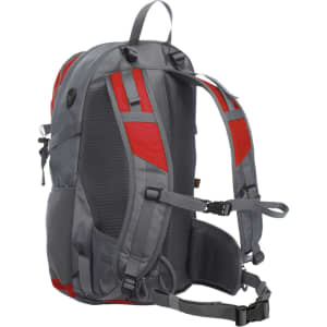 A grey and red backpack featuring mesh padding and adjustable straps, with a logo on the side.