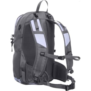 A grey backpack with mesh padding, featuring adjustable straps and multiple compartments, including a logo.