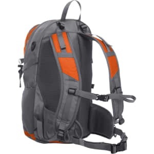 A grey and orange backpack with ergonomic straps and mesh detailing, featuring a logo.
