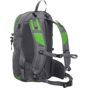A grey and green trail backpack featuring padded shoulder straps and a mesh back panel, with an adjustable chest strap.