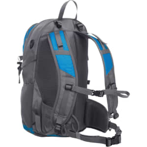 A Trail Backpack in grey with blue accents features padded straps and multiple adjustment points. It includes a logo.