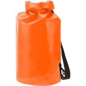An orange dry bag with a roll-top closure and a black shoulder strap, featuring a logo.