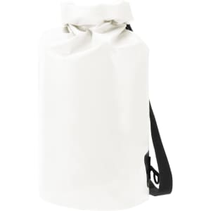 A white dry bag with a black shoulder strap and a roll-top closure. It features a logo on the side.