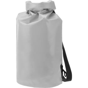 A grey dry bag with a roll-top closure and an adjustable shoulder strap. It features a logo on the side.