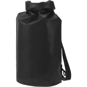 A black dry bag with a fold-over top and an adjustable strap, featuring a logo.