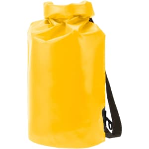 A yellow dry bag with a black shoulder strap, featuring a roll-top closure and a logo.