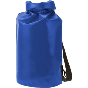 A blue dry bag with a cinch top and a black adjustable strap, featuring a logo.